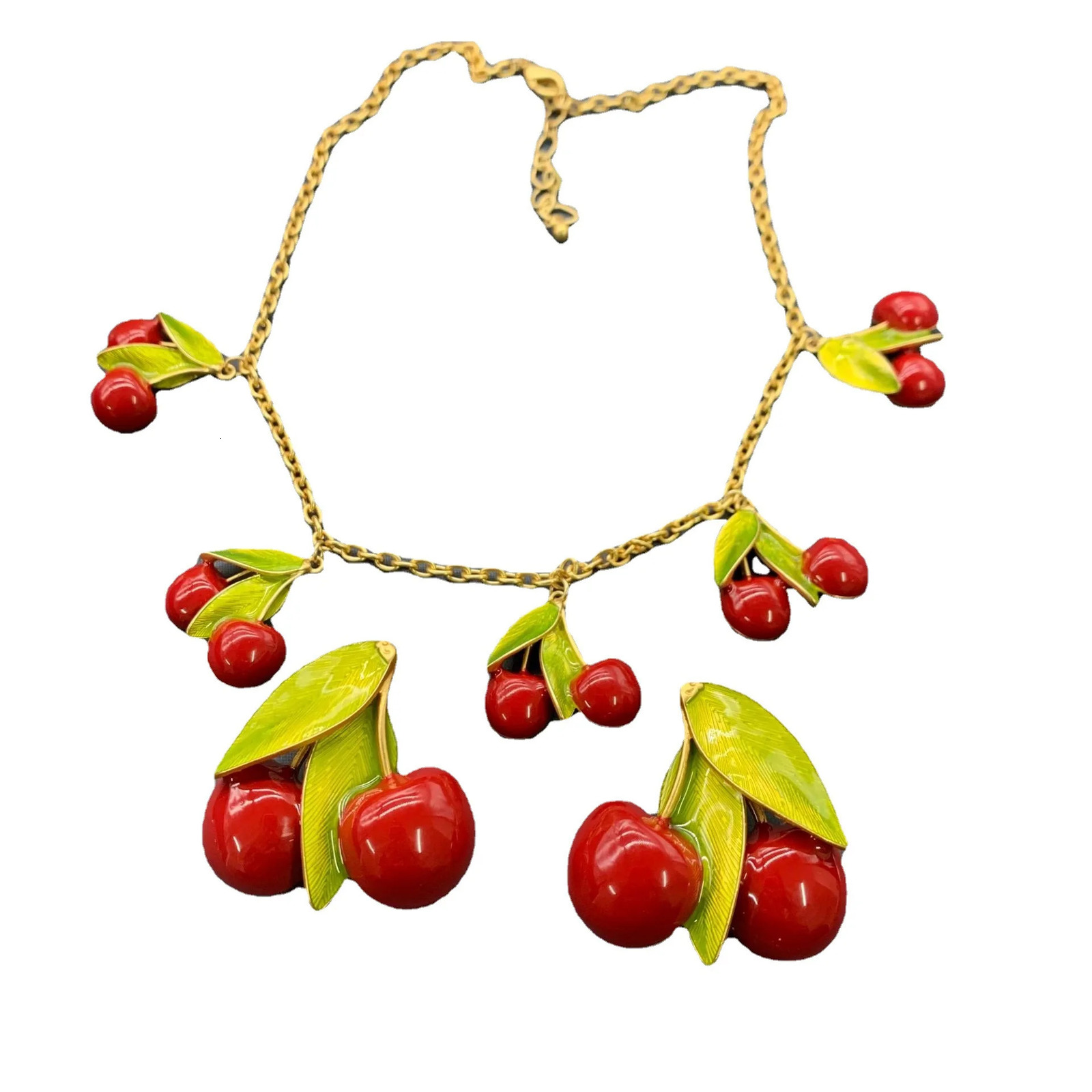 European and American fashion trends Sweet cute fresh red cherry green leaf necklace earrings jewelry set 241106