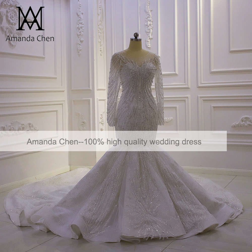 Long Sleeve Lace Beads Mermaid Wedding Dress