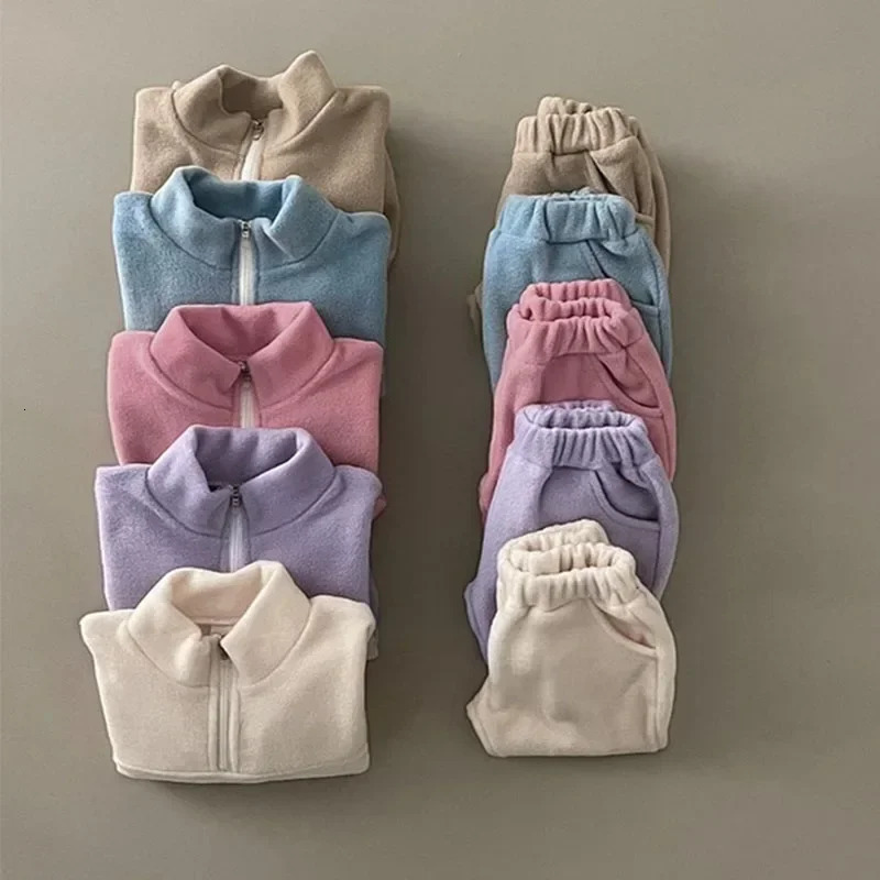 Winter Baby Clothes Sets Girls Boys CoatsPants 2Pcs Sports Suits Solid Color Thicken Fleece Warm Toddler Casual Tracksuit 241106