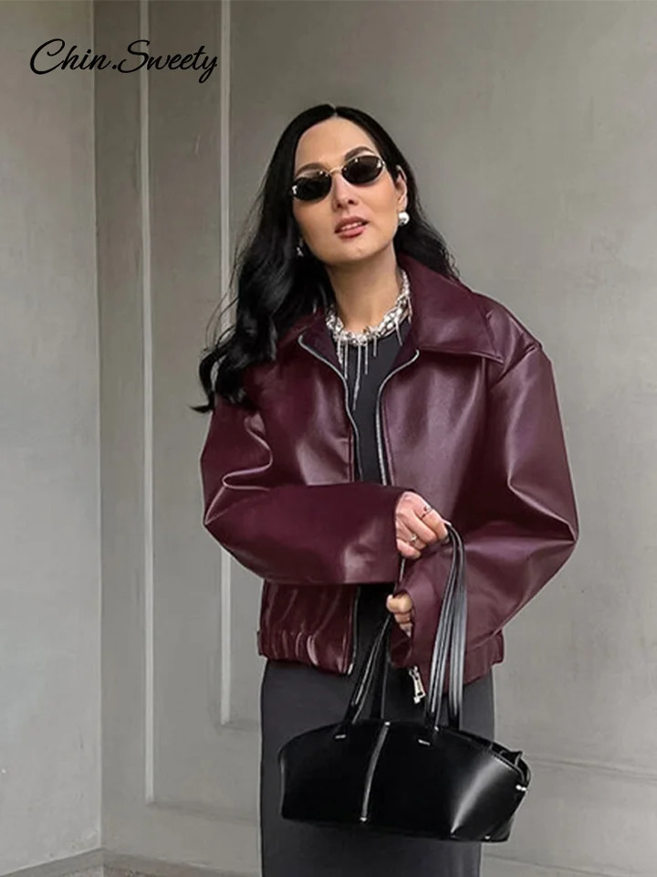 Fashion Lapel Leather Bomber Jacket Women Loose Zipper Long Sleeves Locomotive Coat 2024 Autumn Lady High Street Outerwear 241106
