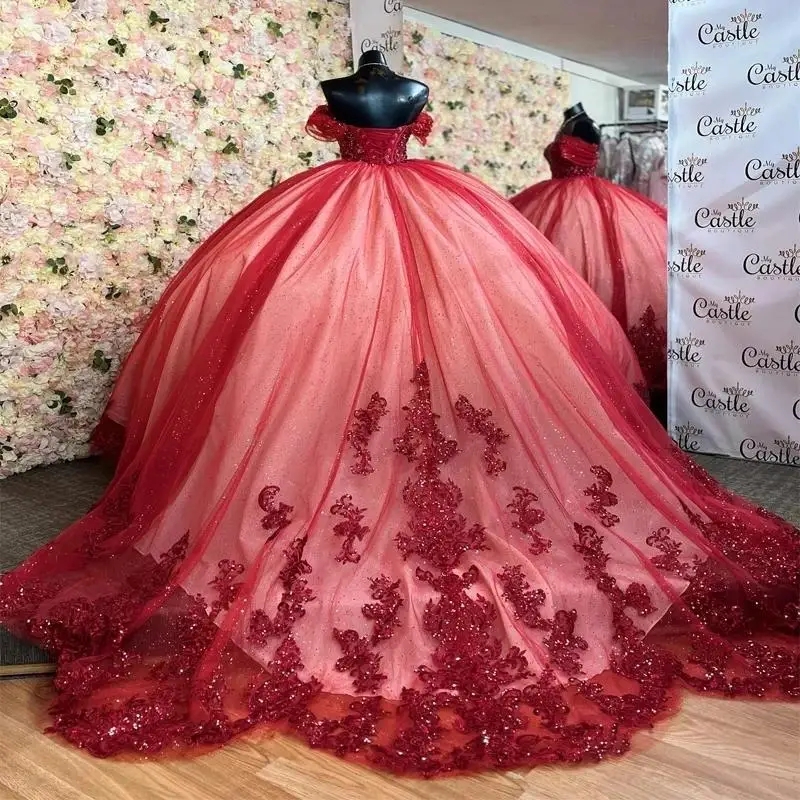 Mexico Red Shiny Quinceanera Dresses Sequin Appliques Lace Beads Tull Off the Shoulder Birthday Party Sweet 16 Vestidos De 15 Anos