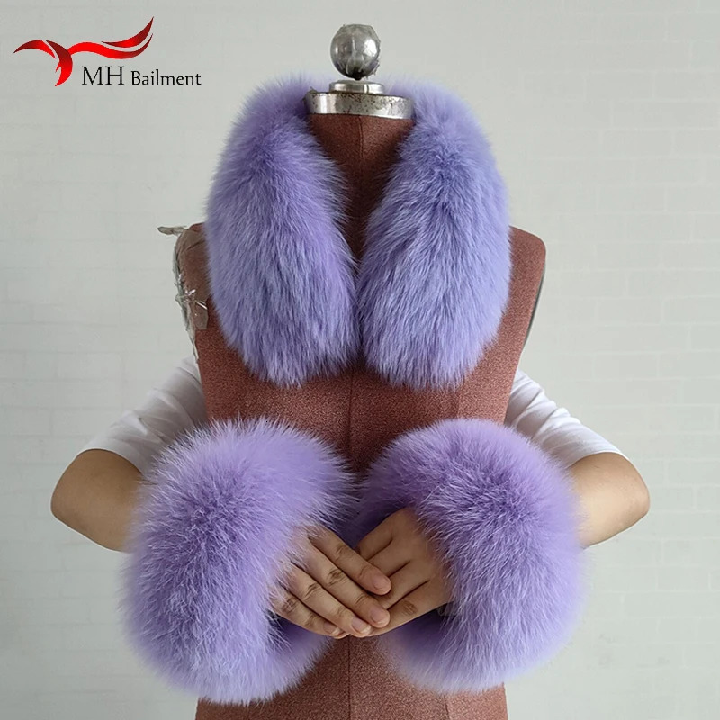 Fox Fur Square Collar Genuine Fur Cuff Set Womens Winter Thick Warm Fashion Scarf Cuff Matching Coat Accessories 241106