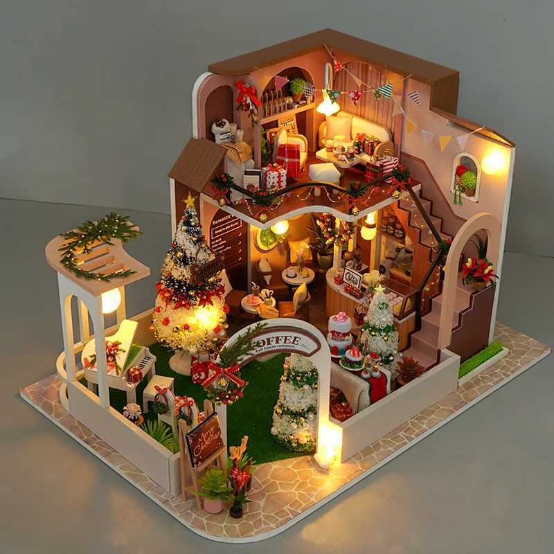 Architecture/DIY House DIY Wooden Doll Houses Christmas Coffee Shop Casa Miniature Building Kit Villa Dollhouse with Furniture Led Light for Girls Gif