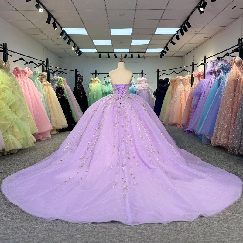 Lilac Shiny Quinceanera Dresses Ball Gown Sweetheart Beading Crystal Tull Lace-Up Backless Party Princess Sweet 16 Dress Vestidos 15 De Anos
