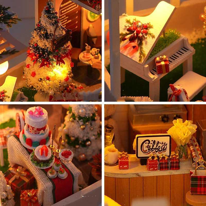 Architecture/DIY House DIY Wooden Doll Houses Christmas Coffee Shop Casa Miniature Building Kit Villa Dollhouse with Furniture Led Light for Girls Gif