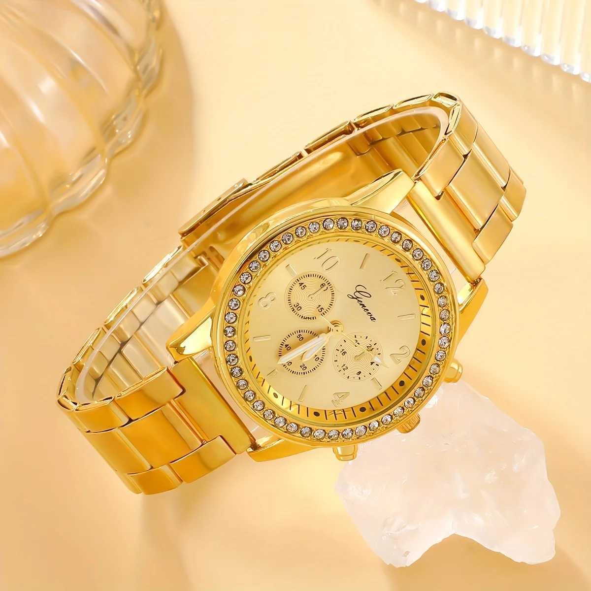 Elegant 6-piece English watch and jewelry set - stainless steel with rhinestone perfect gift for Ms X241106