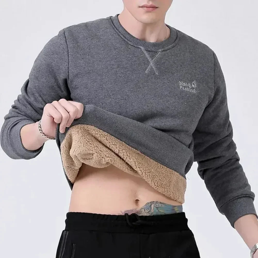 Mens long sleeved quarter zipper wool Sherpa lined sweatshirt with winter warmth thick and fashionable zipper top casual wear Plus size 8XL 241106