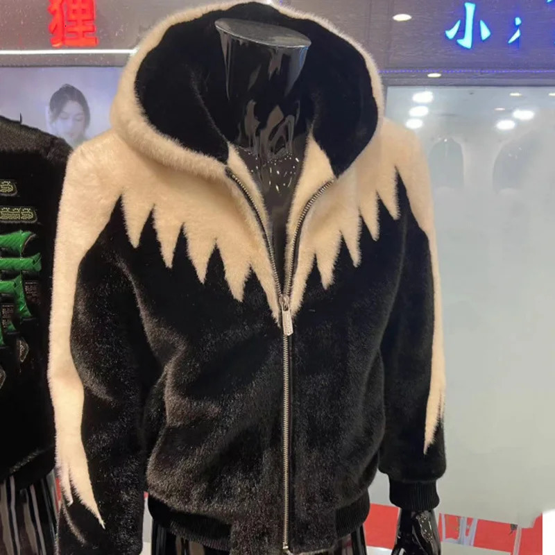PFHQ Winter Mink Fur Hooded Mens Coat One-piece Casual Jacket Warm 2024 Contrast Color Long Sleeve Male Tops 241106