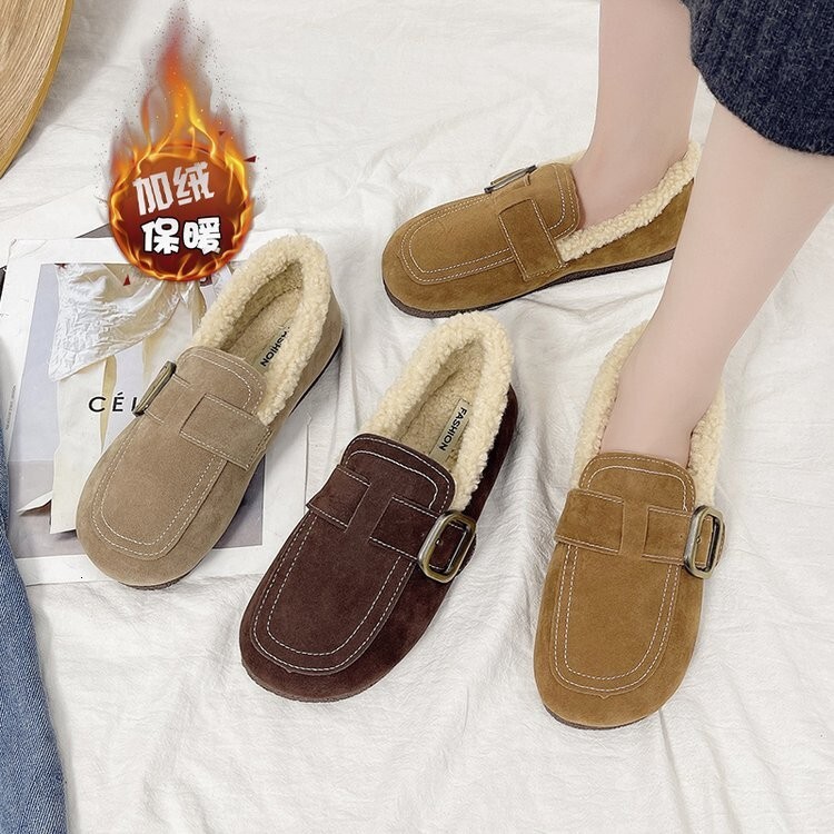 High heels, plus plus plus size bean shoes, women's music shoes, versatile and thick plush single shoes, wearing cotton shoes on the outside