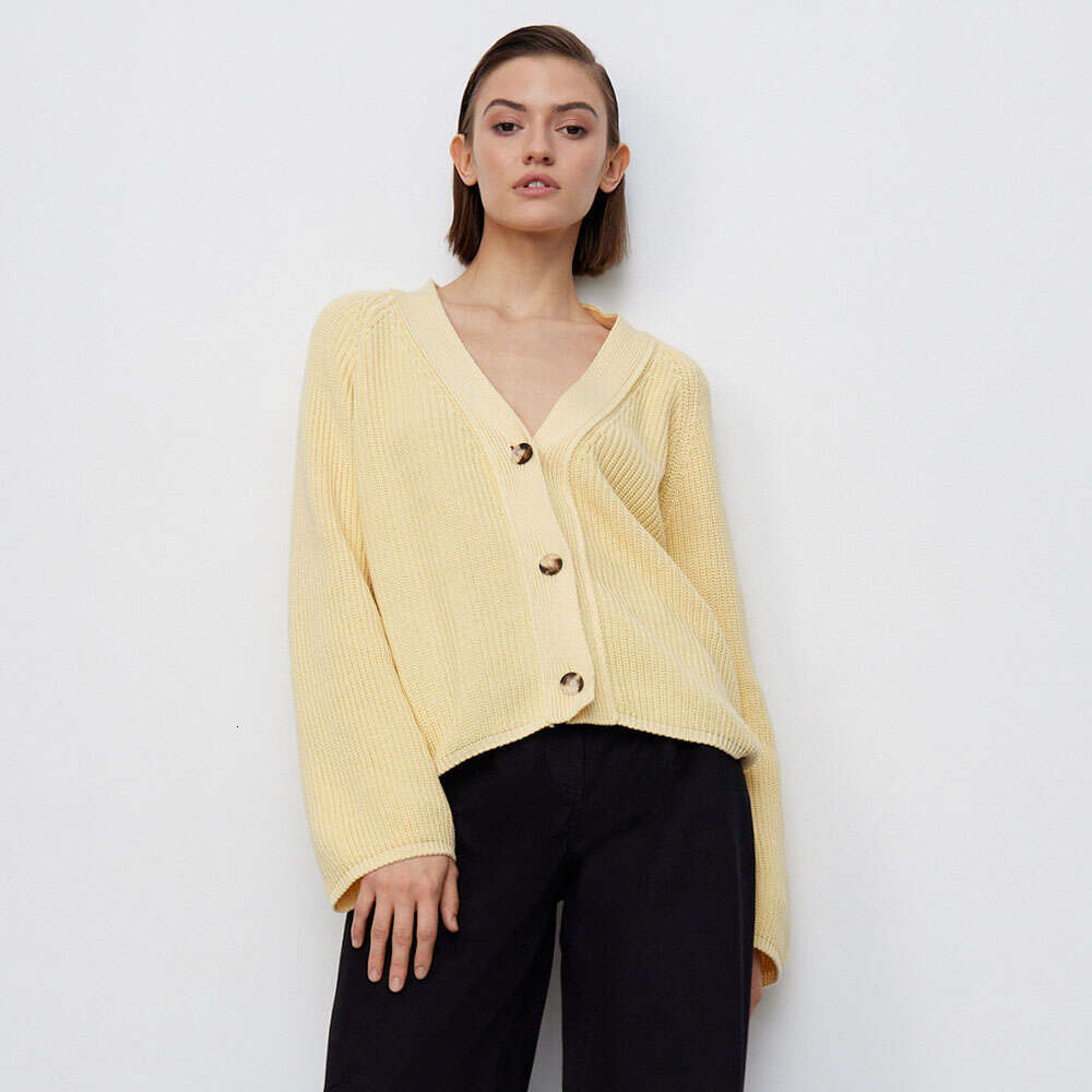 Talenza V-Neck Short Sweater Women's Solid Long Sleeve Button Casual Loose Commuting Knitted Cardigan Jacket