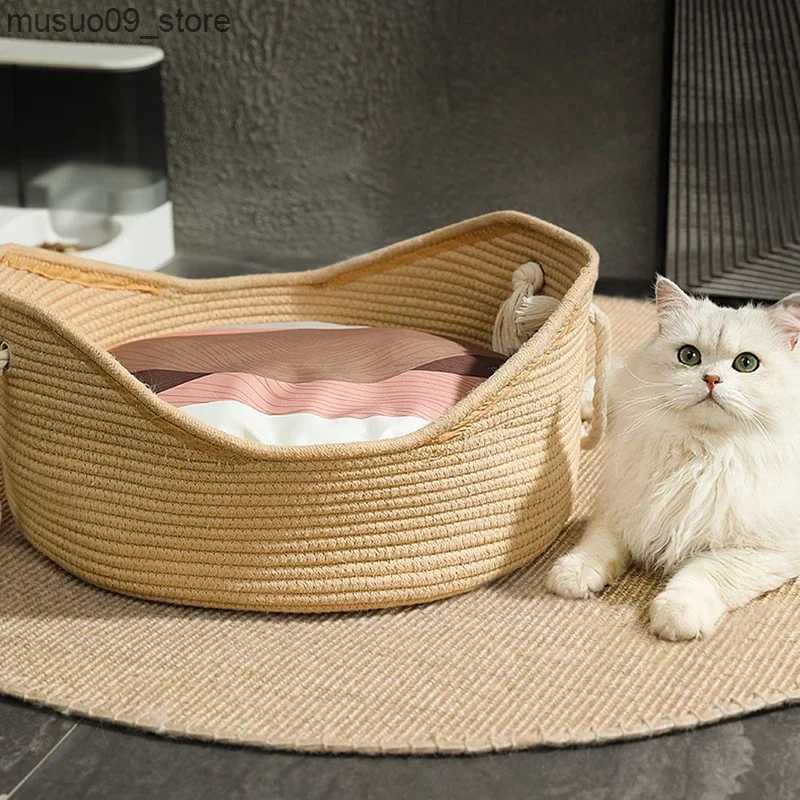 kennels pens Handmade Rattan cat bed dog house woven summer cool nest for cats and kittens used for scratching sleep mats cat lounge mats L240910