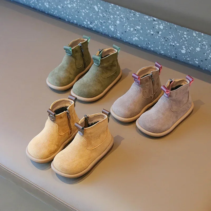 Children Boots Autumn Winter Kids Warm Fur Shoes Vintage Style Toddler Boys Girls Soft PU Leather Ankle Boots Yellow Green 241106