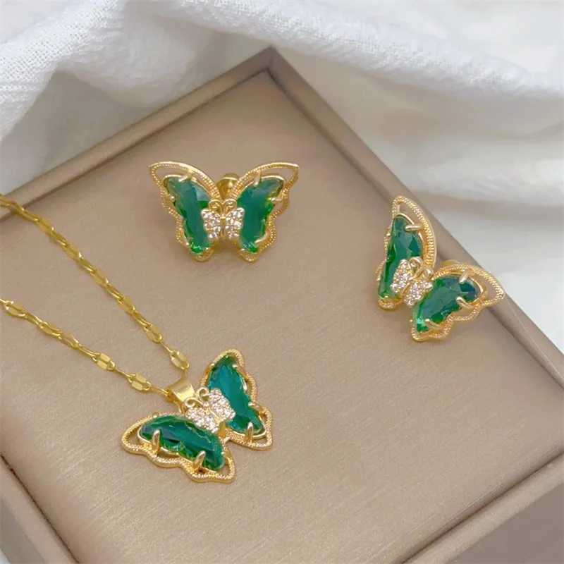 Fashionable and cute micro inlaid necklace earring set classic light luxury transparent stainless steel X241106