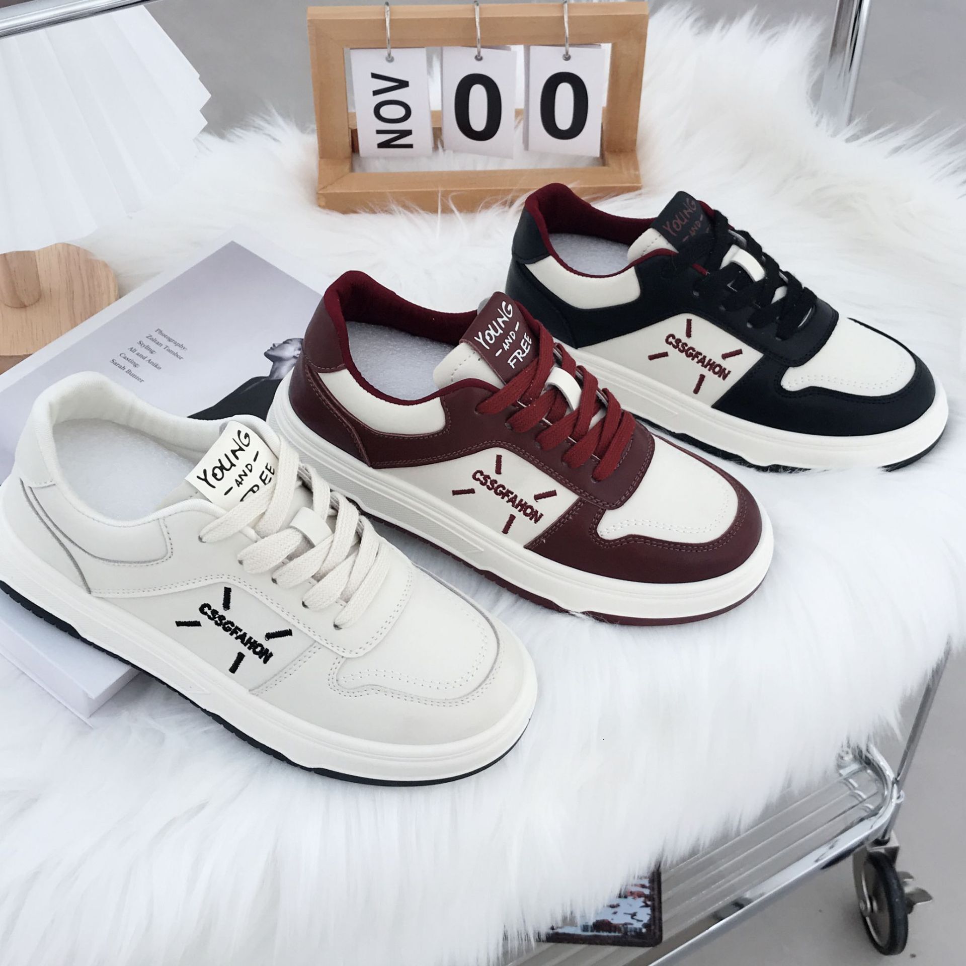 Thick soled versatile white for women, 2024 autumn winter new item, color blocked round toe lace up plush warm sports and leisure shoes