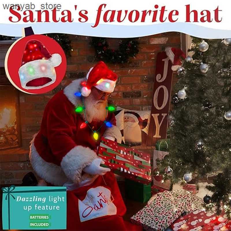 Wide Brim Hats Bucket Hats 2025 Light Up Christmas Hats With Necklace Set Children Adult Hat Christmas Santa Cap Gifts For New Year Christmas Decorati