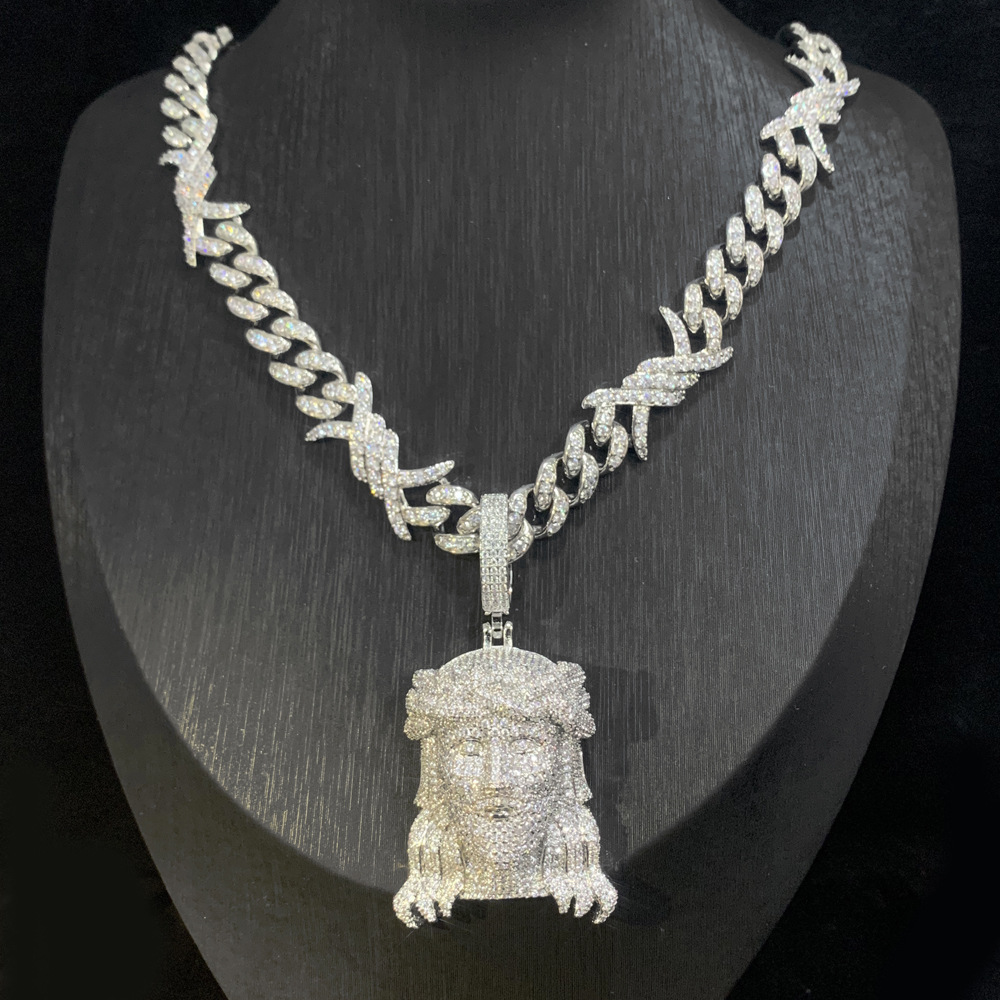 Hip Hop Jesus Face Pendant Necklace with Cuban Chain Jewelry Set 18k Gold Plated