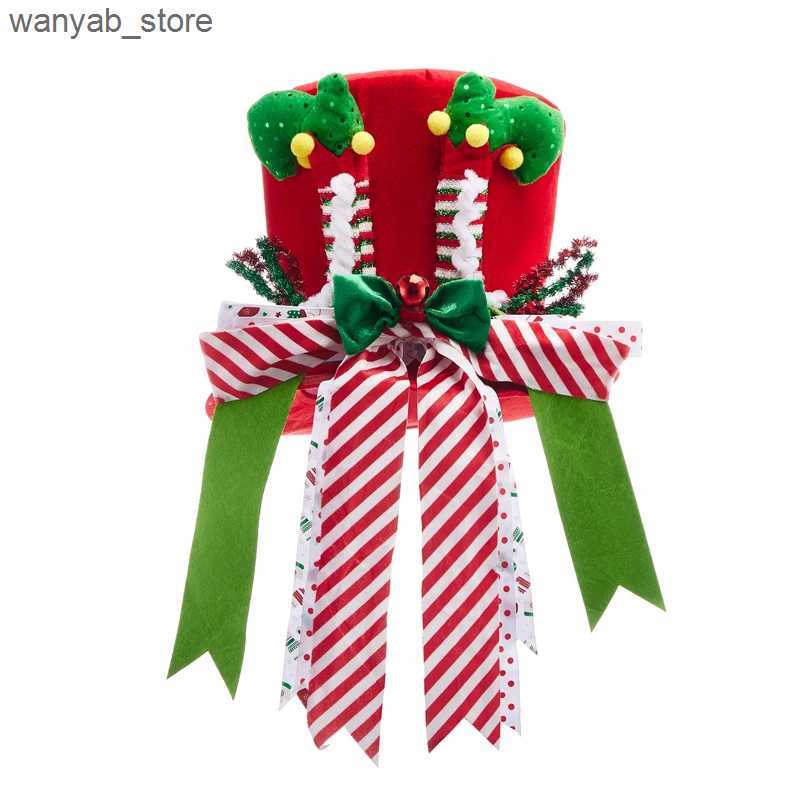 Wide Brim Hats Bucket Hats Christmas Tree Topper Cute Stripes Sequins Bows Hat Tree Top for Party Holiday Decoration Supplies L240910