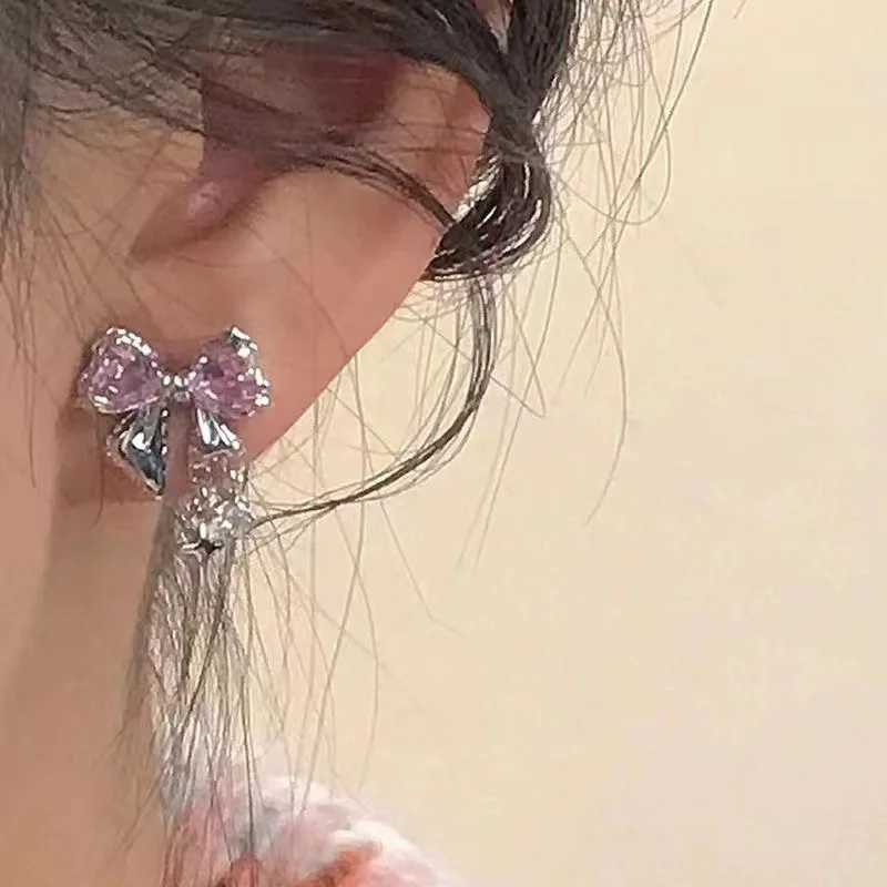 Y2K bow zircon stud earrings used for stylish Korean silver crystal personalized earrings girls party jewelry gifts X241106