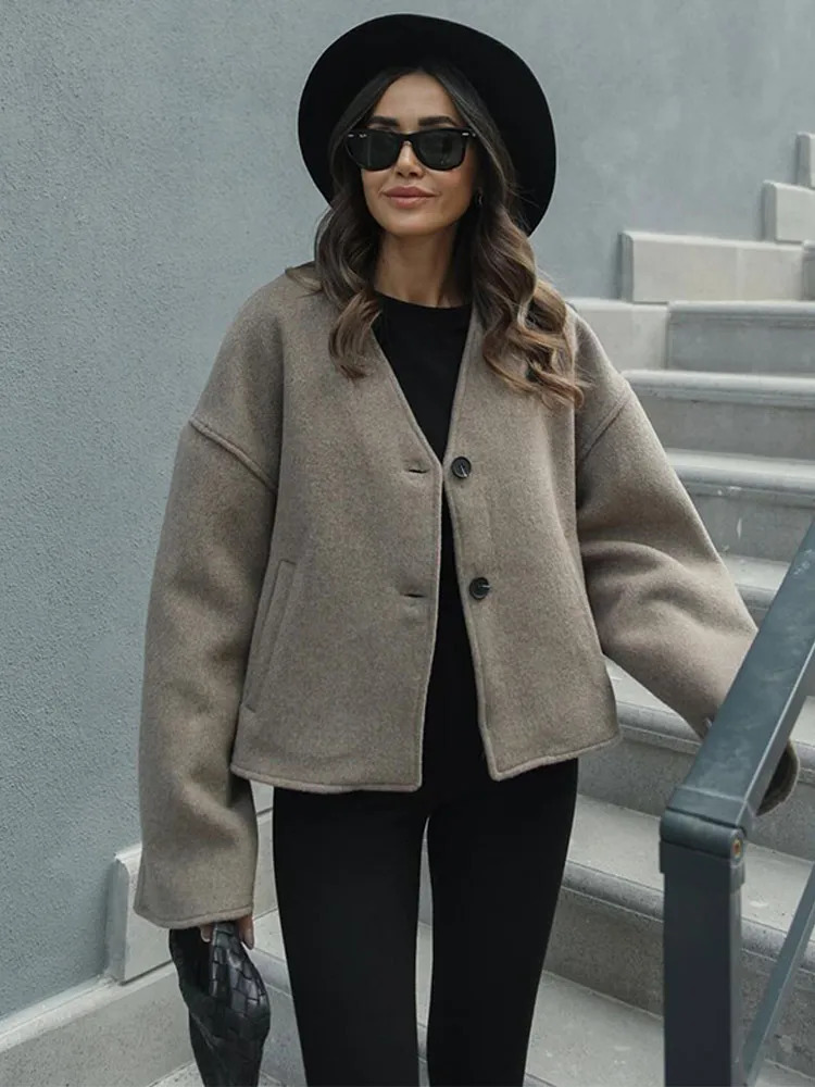 Women Woolen Blends Solid Blazer Coat Fashion Loose Single Breasted Long Sleeve Pockets Jackets Chic Female Coats 241106