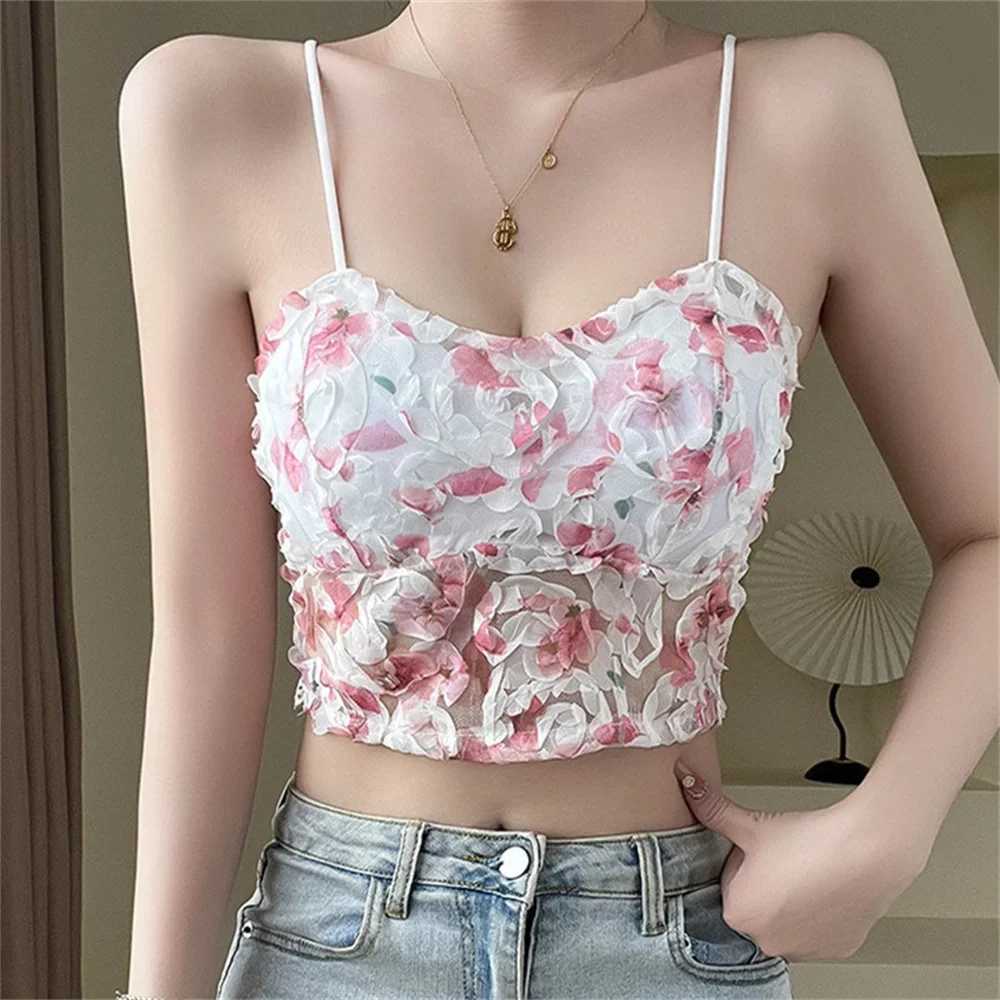 Floral Printed Camisole Woman Summer Sweet Spaghetti Strap Tank Top Fe with Built in Bra Corset Women Vest with PaddedX241022