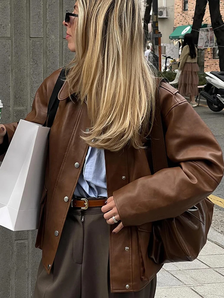 Retro Lapel Button Leather Bomber Jackets Women Casual Loose O-neck Brown Jacket With Pockets Female Autumn Chic Street Outwear 241106