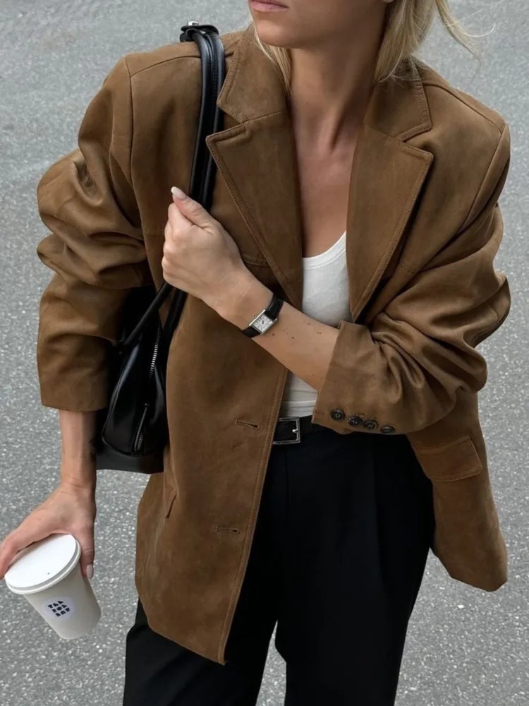 Vintage Brown Womens Jacket Classic Casual Turndown Collar Jackets Autumn Winter Fashion Women Coat Retro Solid Color Outerwear 241106