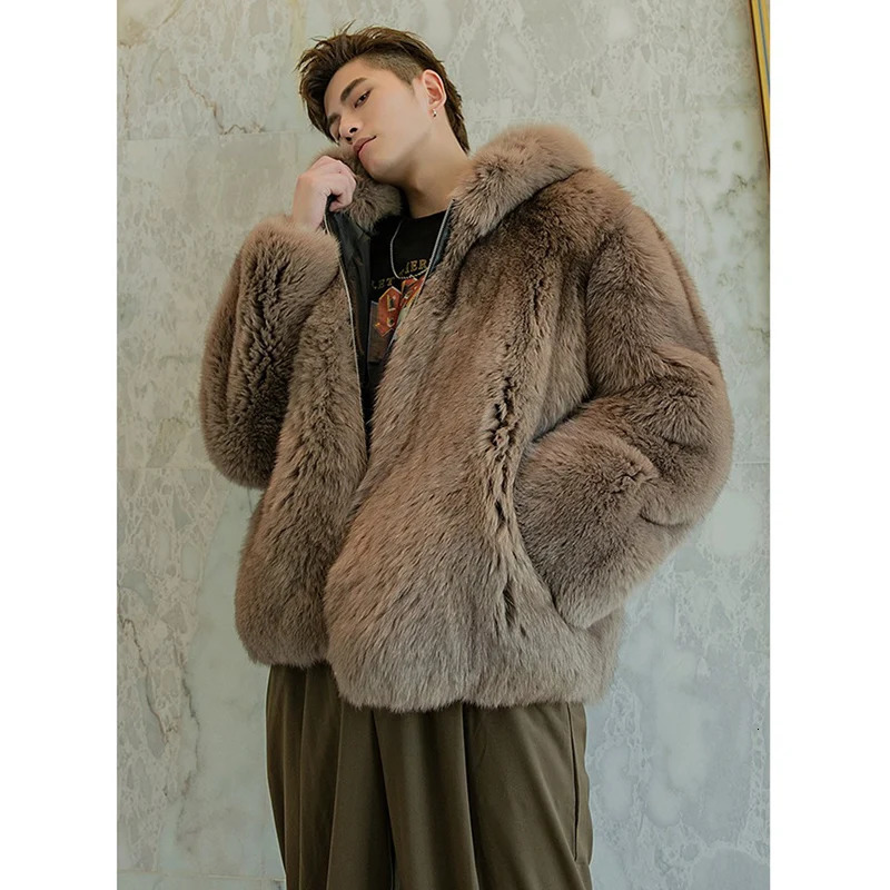 Fur coat mens fox fur short jacket autumn/winter warm wool coat mens leather hooded casual jacket 241106