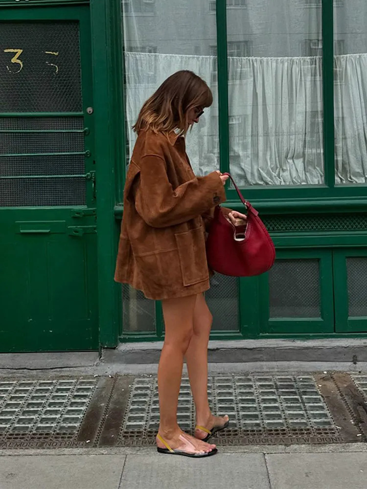 Brown Single Breasted Faux Leather Short Coat Women Loose Long Sleeves Lapel Jacket 2024 Autumn Female High Street Outwear 241106