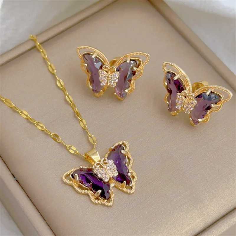 Fashionable and cute micro inlaid necklace earring set classic light luxury transparent stainless steel X241106