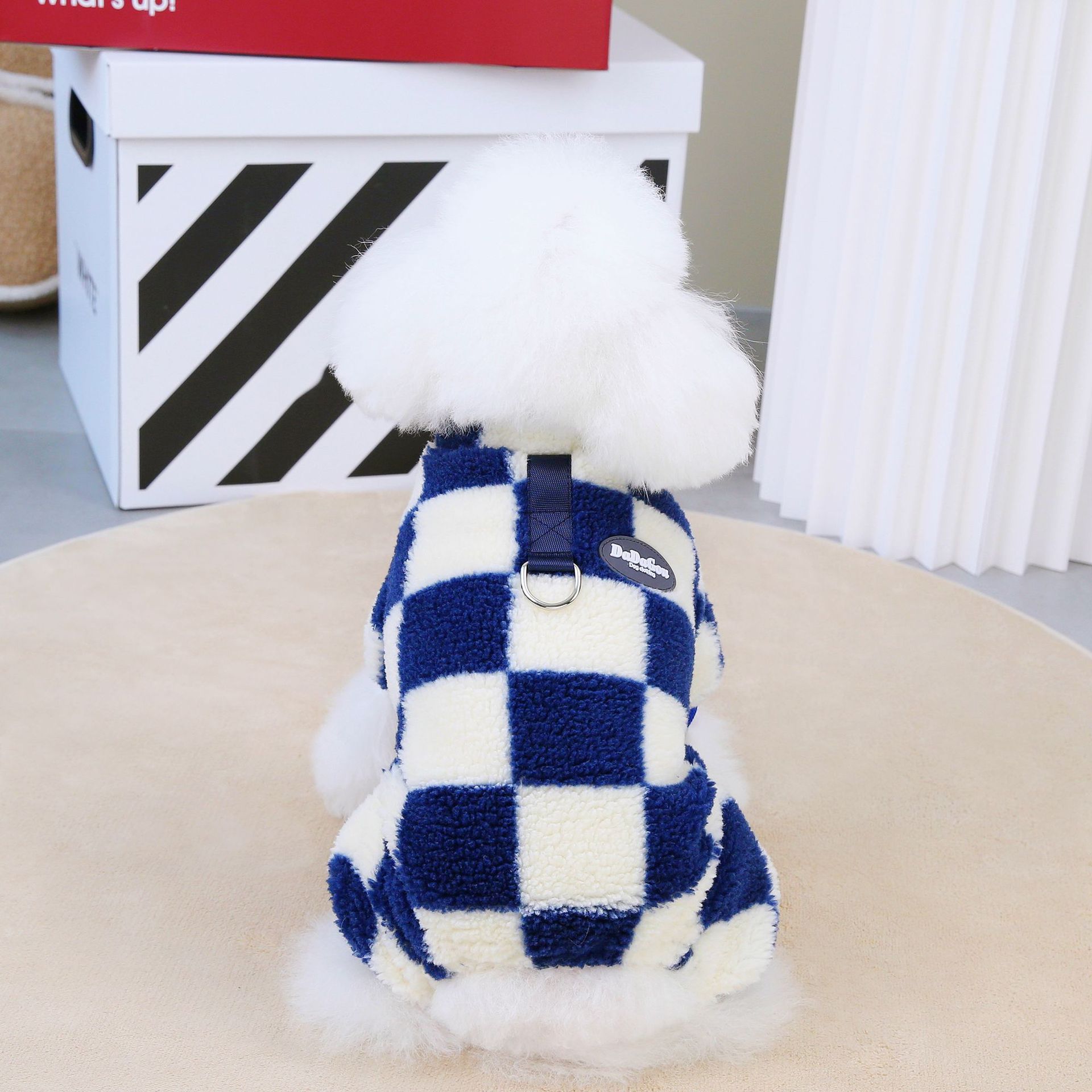 Top Selling Dog Clothes Matching With D Ring Dog Rompers Coral Fleece Pet Four legs Clothes Big Checkers
