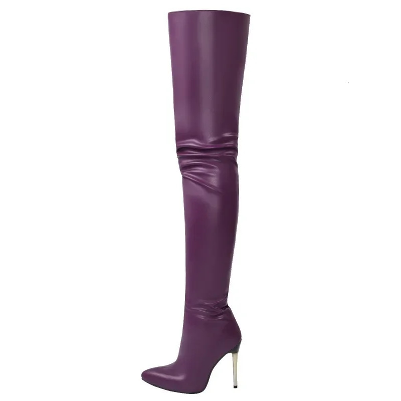 Sexy Point Toe High Boots 12cm Metal Stiletto High Heels Womens Patent Leather Set Party Boots Knee High Boots Plus 47 48241106
