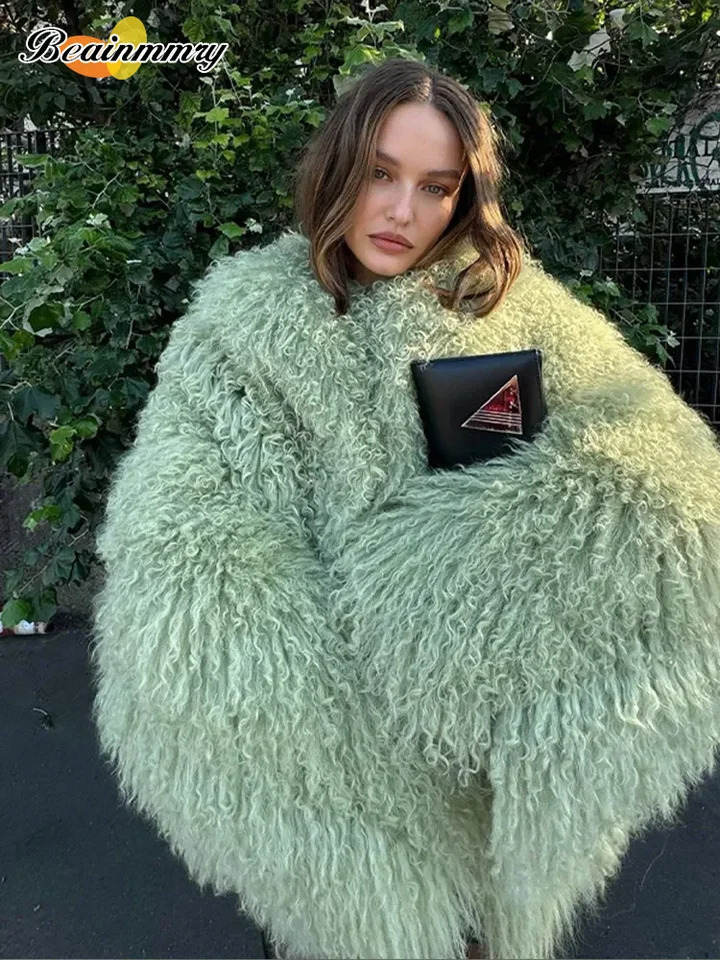Fashion Green Loose Women Faux Fur Jacket Elegant Stand Neck Full Sleeve Short Thicken Coat Winter Lady Highstreet Outerwear 241104