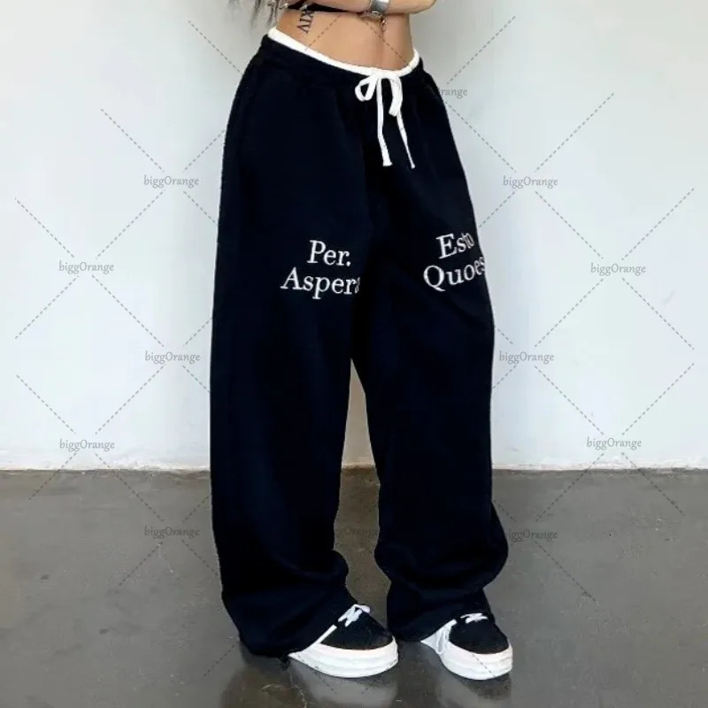 Y2K Harajuku American Street Style Contrasting Color Splicing Straight Pants Women Retro Letter Print Baggy Hip Hop Sweatpants 241104