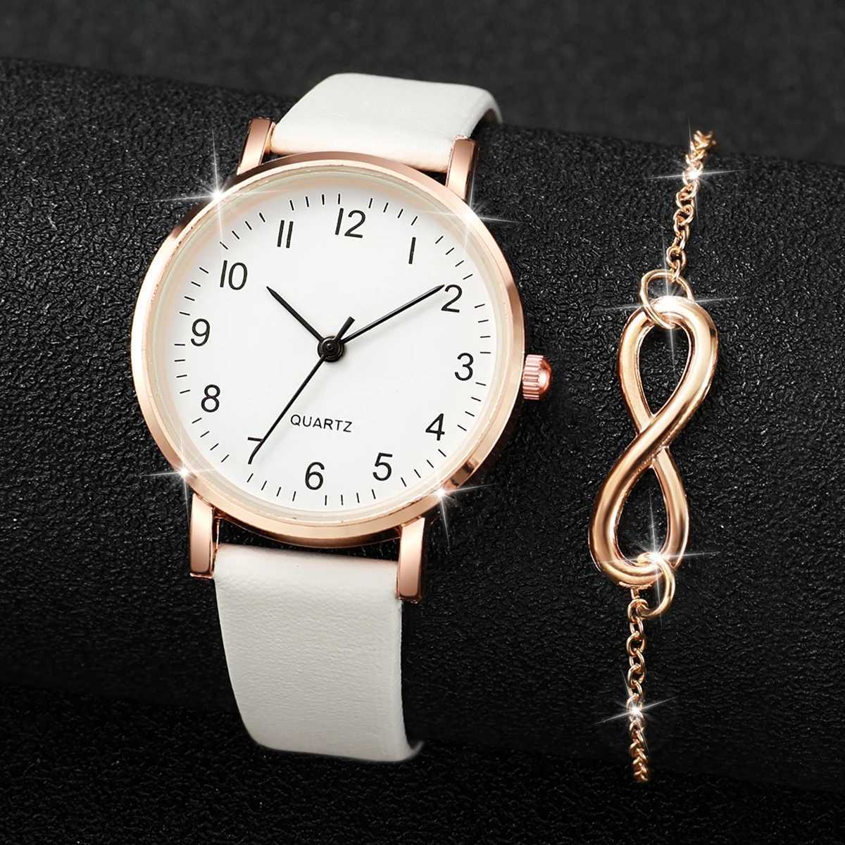 4-piece/unisex set fashionable leather strap quartz watch with double bracelet set X241106