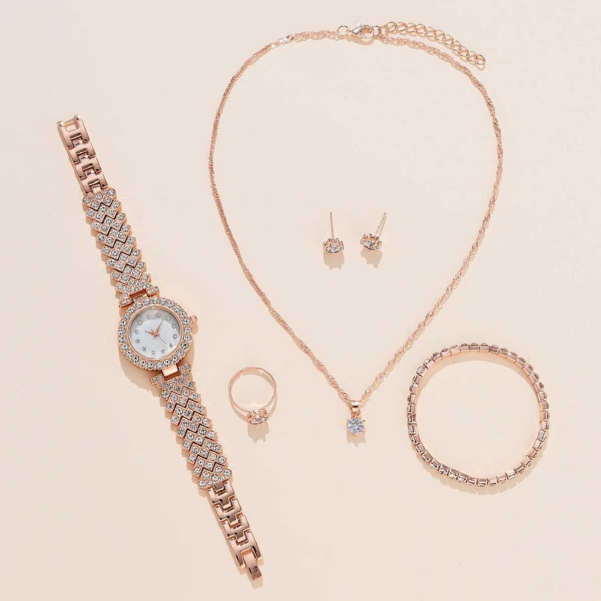 Luxury watch necklace earring bracelet set silver leather strap ladies quartz watch no box X241106