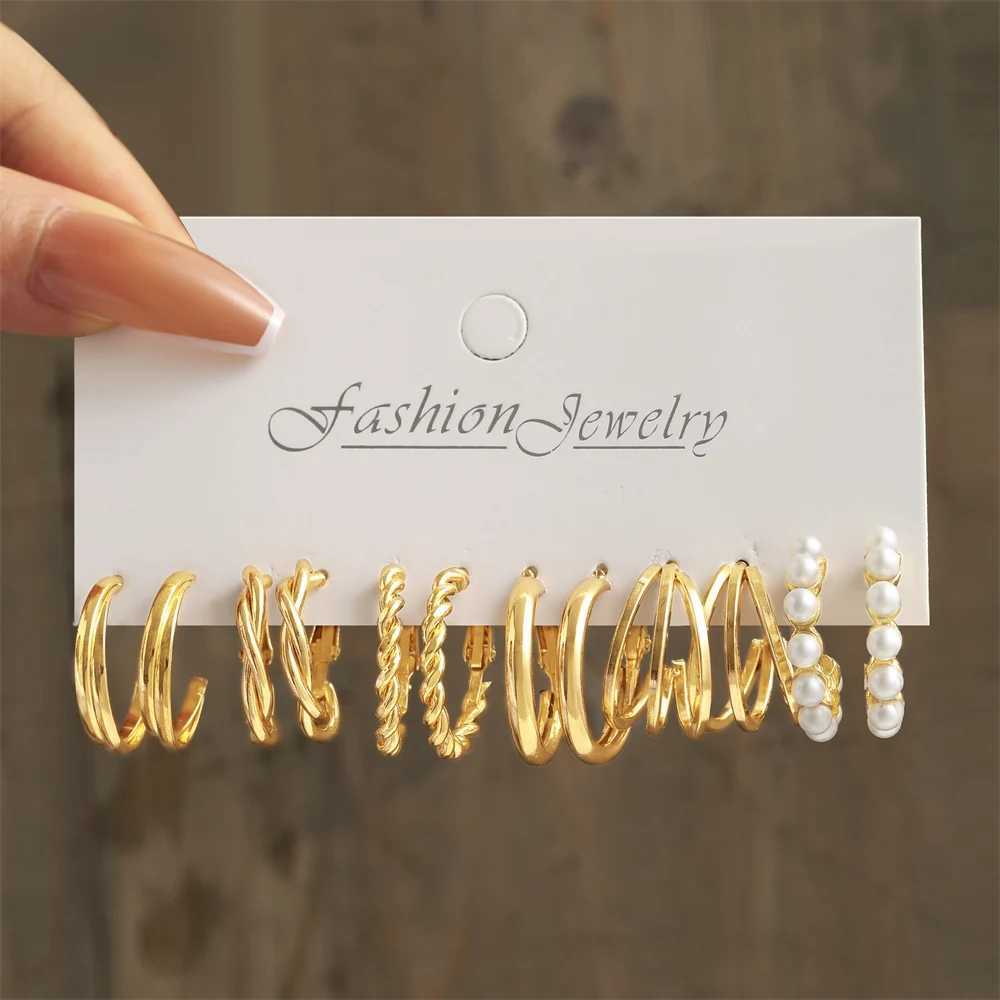 6-24 pairs of retro Geely glossy gold-plated metal pearl ring earrings set suitable for girls daily round earrings and jewelry X241106