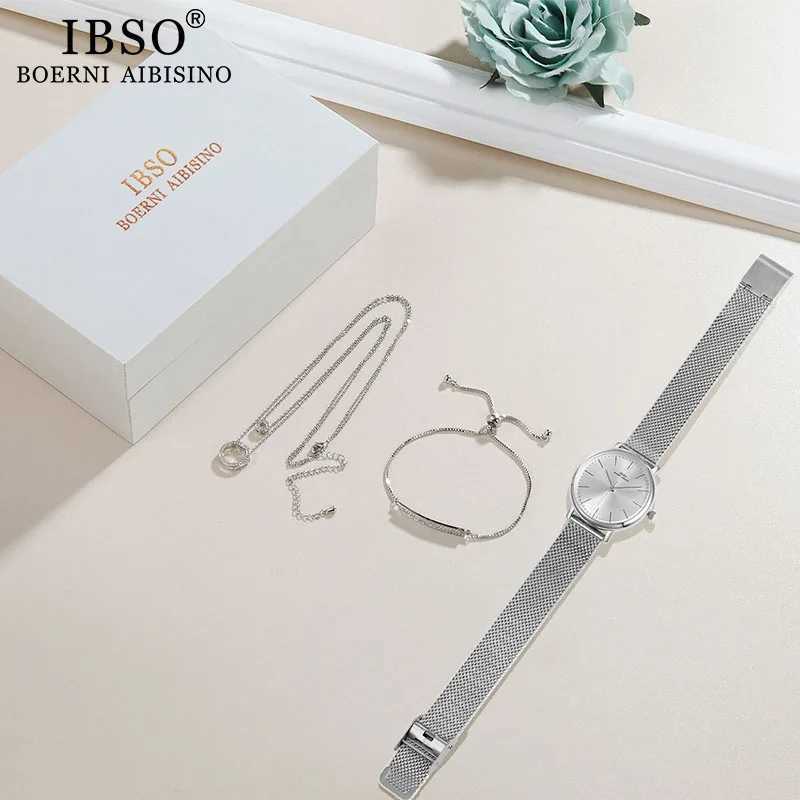 IBSO Warm Quartz Watch Set Crystal Design Bracelet Necklace Watch Set Womens Jewelry Fashion Silver Luxury Watch Womens Gift X241106