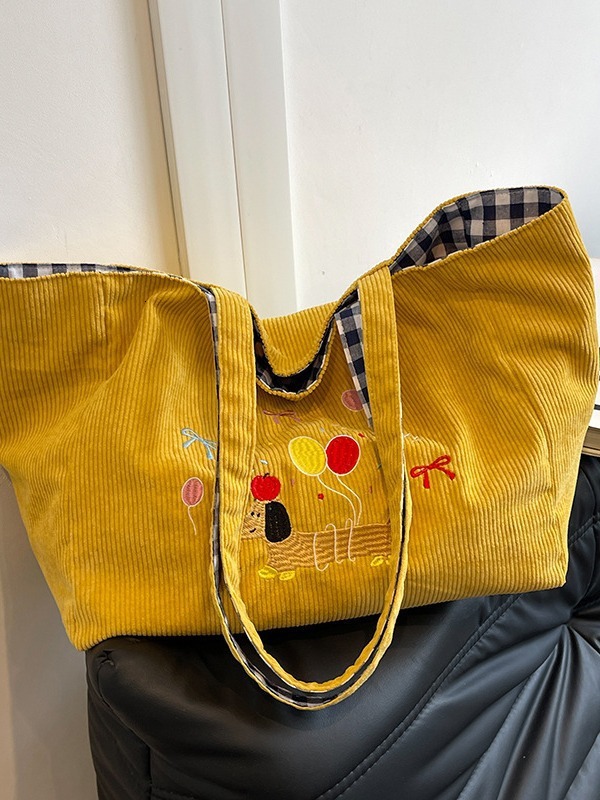 Autumn And Winter Corduroy Contrasting Plaid Double-sided Back Canvas Cartoon Cute Embroidery Student Class Bag Designer Bags Handbags Women