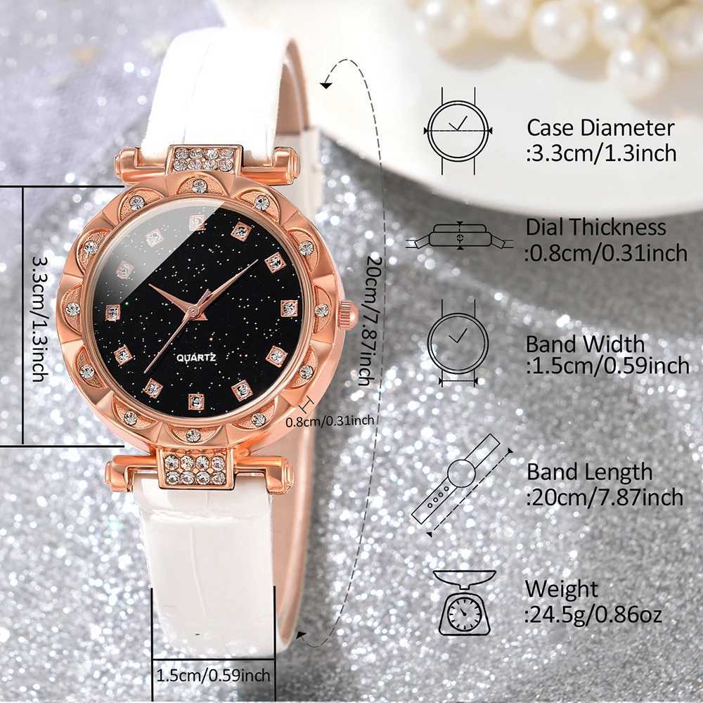 6-piece/set white watch PU strap quartz watch square diamond star sky dial jewelry set X241106