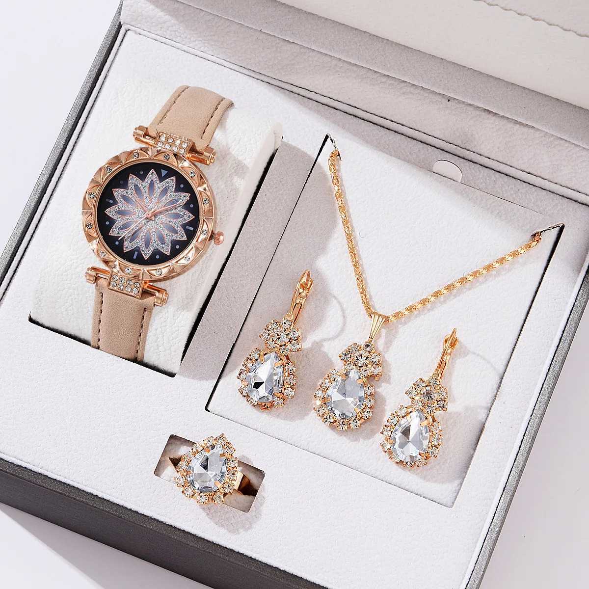5-piece watch set suitable for ladies warm leather band watch simple casual warm analog watch bracelet gift Montessori womens (no box) X241106
