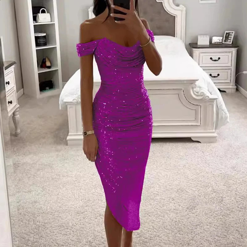 Sexy Asymmetrical Shinny Glitter Fold Long Dress Elegant Solid Winter Banquet Dress Women One Shoulder Bodycon Party Dress 241105