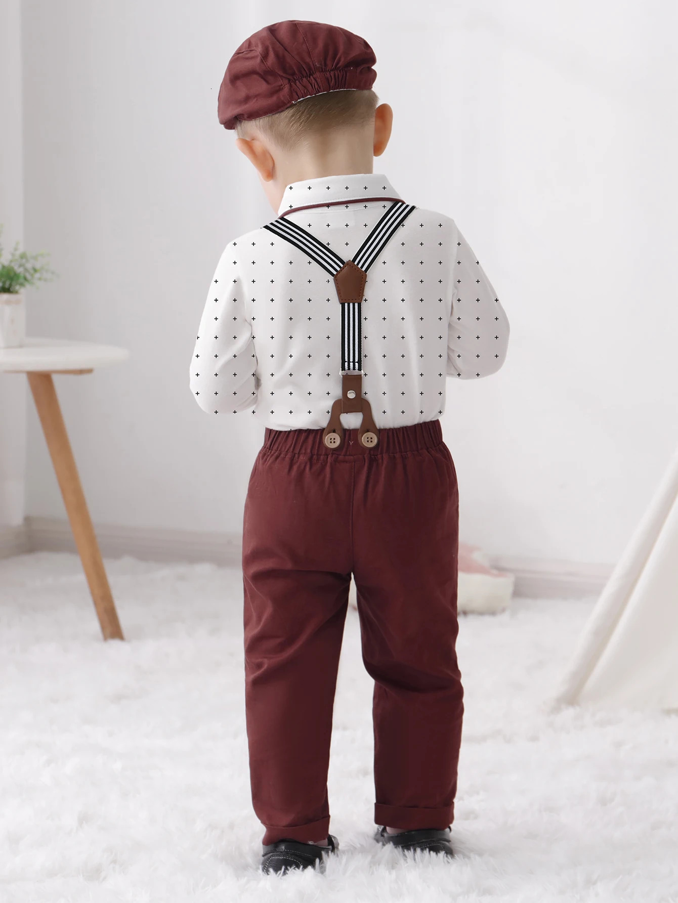 Baby Boy Clothes Infant Boy Gentleman Outfits SuitDress Shirt Suspender Pants Bowtie Beret Hat Wedding 241106