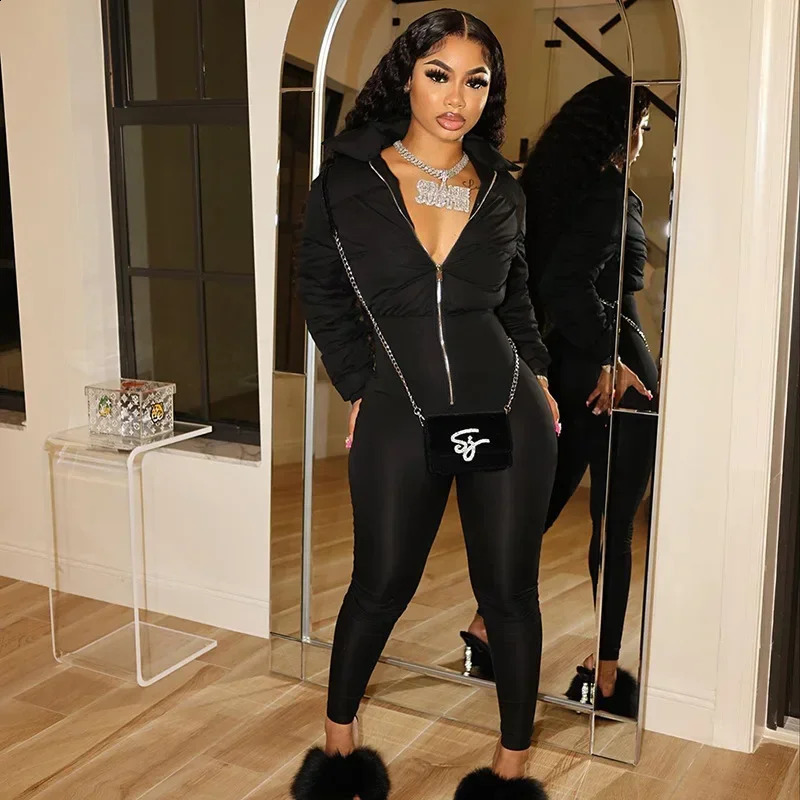 XIZOU Sexy Cotton Jumpsuit for Women Autumn Winter Cotton-padded Long Sleeve Zipper Skinny Jumpsuit Warm Black Orange 241105