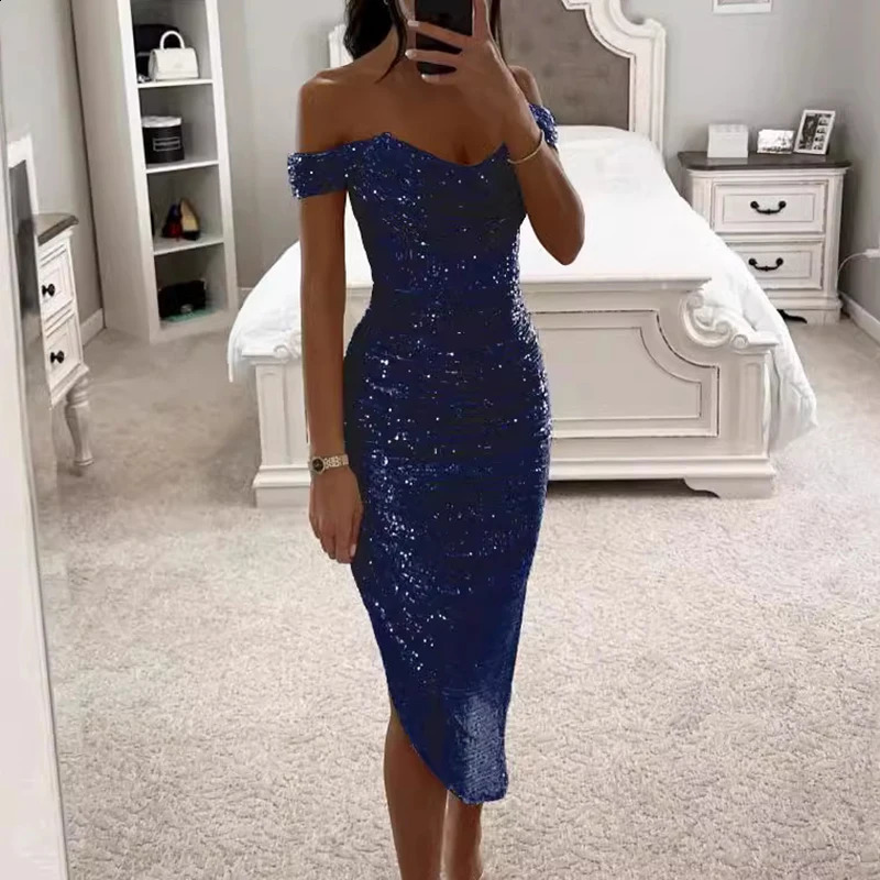 Sexy Asymmetrical Shinny Glitter Fold Long Dress Elegant Solid Winter Banquet Dress Women One Shoulder Bodycon Party Dress 241105