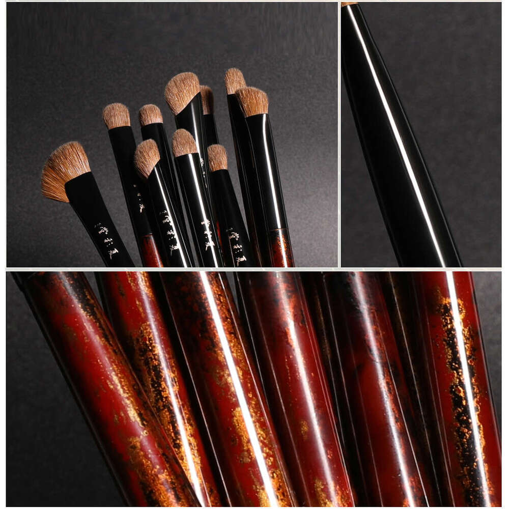 Professional Handmade Make Up Kit 10Pcs Eye Shadow Brush Soft Resilient Weasel Hair Raw Lacquer Handle Makeup Brushes Set