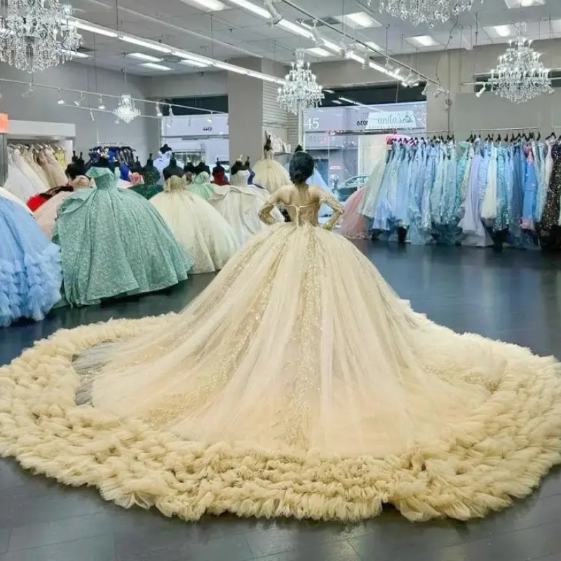 Champagne Shiny Quinceanera Dresses Long Sleeves Sequin Applique Lace Beads Tulle Ruffles Sweet 16 Dress Ball Gown Vestidos De 15 Anos