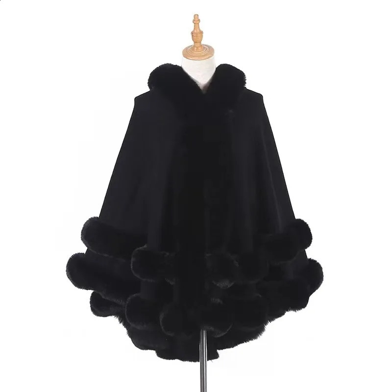 Two Circle Faux Rabbit Fur Outer Shawl Cloak Winter Warm Oversize Long Poncho Capes Women Wear Loose Overcoat With Hat 241105