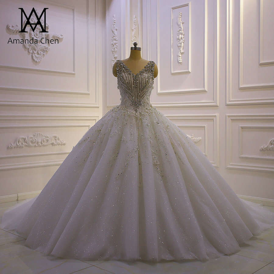 robe de mariee Cap Sleeve Crystal Beads 3D wers Wedding Dress