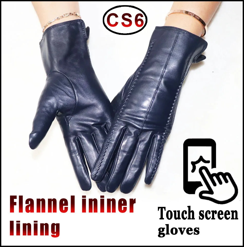 Leather gloves for women sheepskin flannel lining autumn and winter high-end black touch screen color drive model 241106