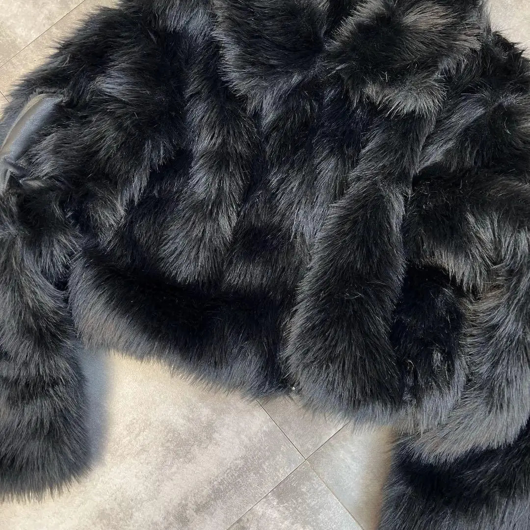 Winter Women Jacket Lapel Long Sleeve Patch PU Cross Fur Cotton Coat 241104